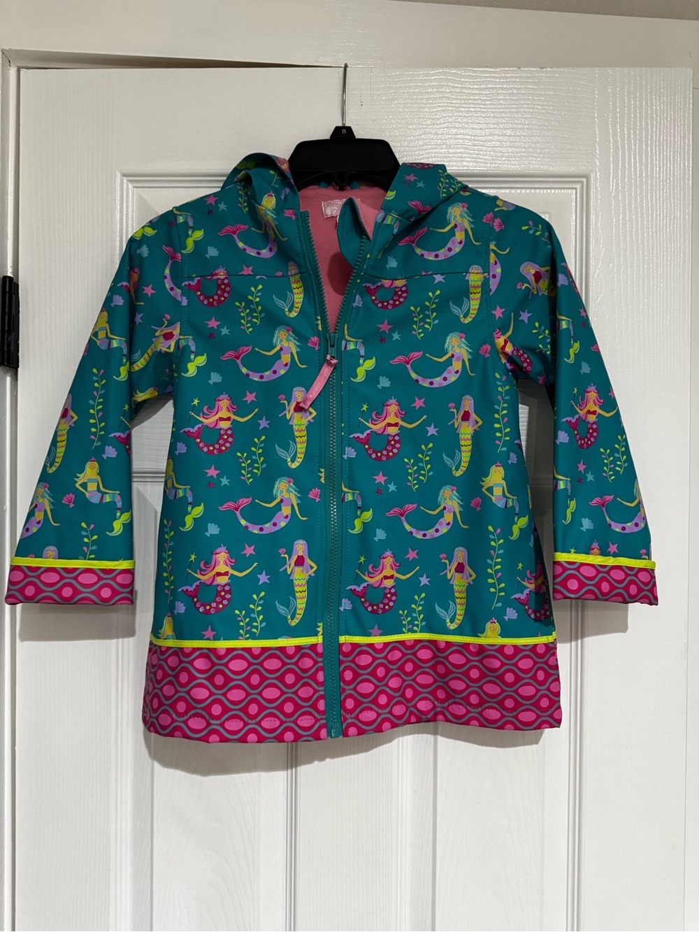 Girls' Teal Mermaid Hooded Raincoat with Pink Trim